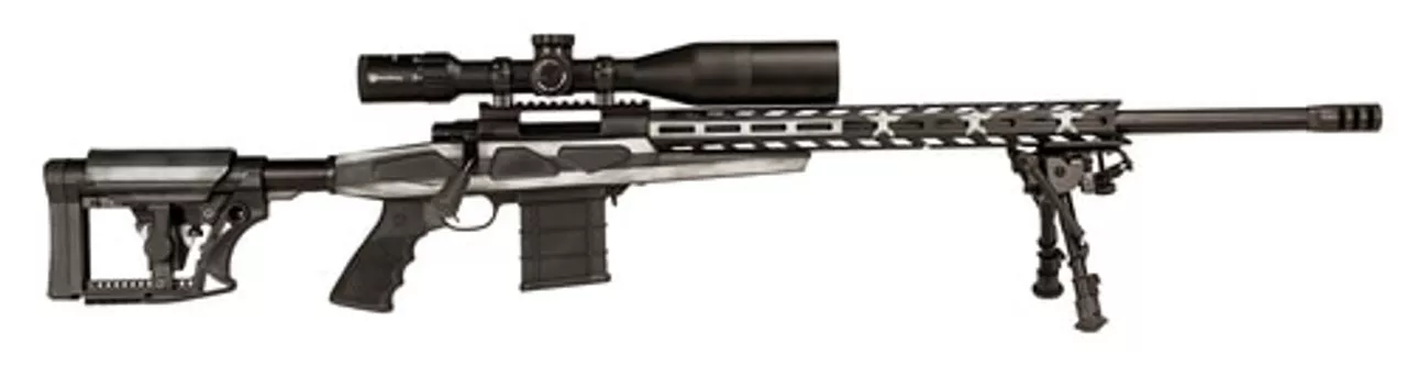 Howa APC .243 Win Scope Combo, 24″ #6 Threaded Barrel, 4-16x50mm Nikko Stirling Scope, Mag Kit, Hogue Grip, LUTH-AR MBA-4 Stock, Grayscale Flag, 10rd