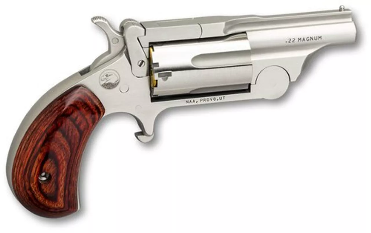 North American Arms Mini Revolver, Ranger II, Revolver, 22 LR, 1.625″, Steel, Stainless, Rosewood, 5Rd, Fixed Sights