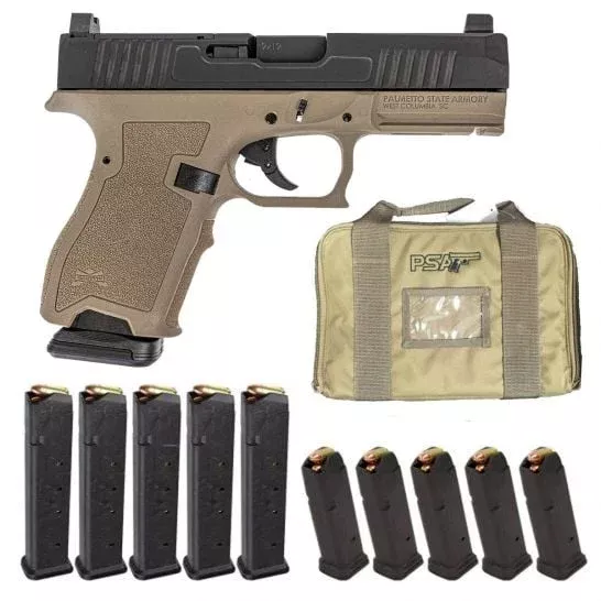 PSA Dagger Compact 9mm Pistol With Extreme Carry Cut Doctor Slide & Non-Threaded Barrel, Black With 5-27RD and 5-15 Rd Mags, FDE Frame