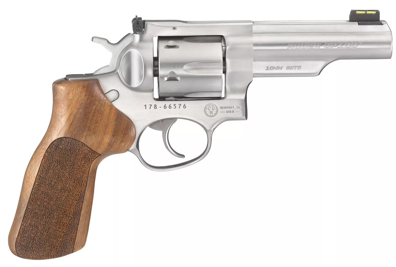 Ruger GP100 Match Champion 10mm 4.2″ Barrel SS Fiber Optic Front SightW/ 3 Moon Clips 6rd