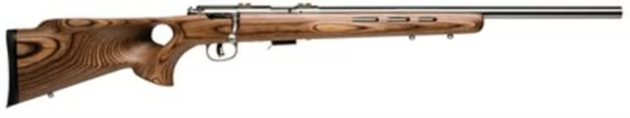 Savage 93 BTVS, 22 WMR, 21″ Heavy Barrel, Stainless Steel Barrel and Action, Brown Laminate Wood Stock, 5Rd, Detachable Box Magazine