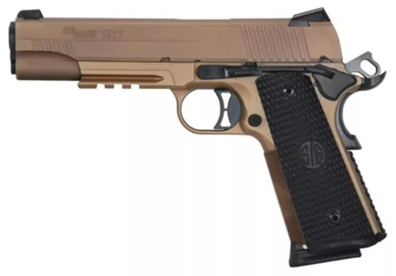 Sig 1911 45 ACP 5″ Barrel, Emperor Scorpion Flat Dark Earth SAO Siglite Black G10 Grip (2) 8RD Steel MAG Rail