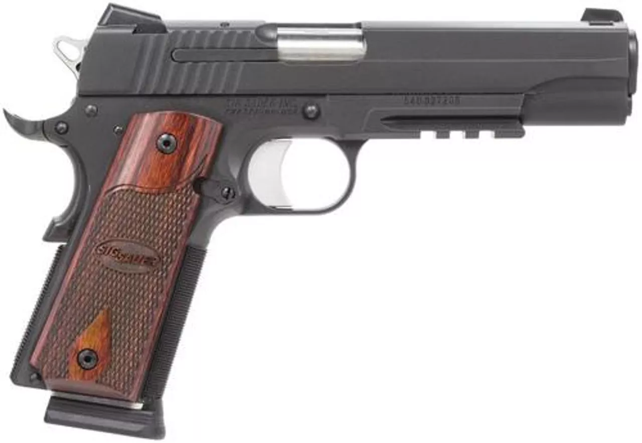 Sig 1911 45 ACP 5″ Nitron, Black, SAO, Siglite, Rosewood Grip, 2x8rd, Rail, CA Compliant