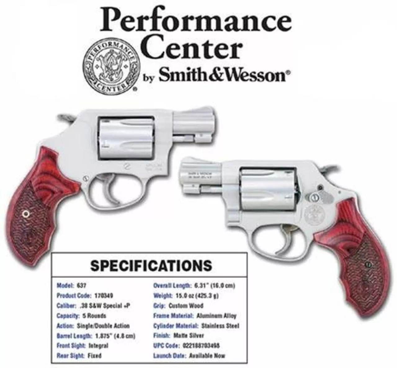 Smith & Wesson 637 Performace Center 38 Spl, SS Finish, Wood Grips, 5 Rnd