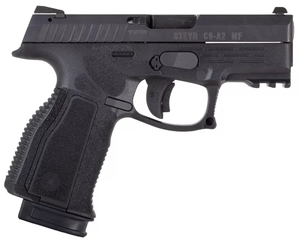 Steyr Arms 783232H0 C9-A2 MF 9mm Luger Caliber with 3.80″ Barrel, 17+1 Capacity, Overall Black Finish Picatinny Rail Frame, Serrated Slide & Interchangeable Backstrap Grip