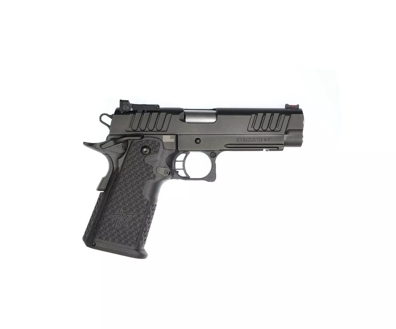 STI Staccato P 9mm, 4.4″ Bull Barrel, Fiber/Adj. Tactical Sights, DLC, 17/20rd