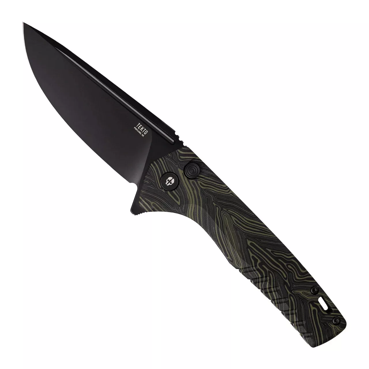 Tekto F3 Charlie Button Lock Folding Damazcus G10 Handle D2 Drop Point Plain Black 3.8″