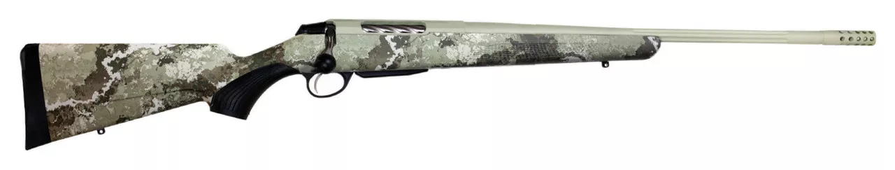 Tikka T3x Lite, Bolt Action Rifle, 300 Win Mag, 24.38″ Fluted Barrel, 1:11 Twist, Threaded 5/8×24, Veil Alpine Camo, Synthetic Stock, Cerakote Barrel and Action, Green Color, Right Hand, 3Rd, 1 Mag, Includes Matching Muzzle Brake