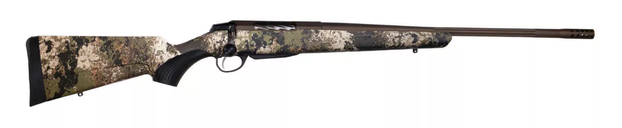 Tikka T3x Lite300 Win Mag, 24.38″ Fluted Barrel, 1:11 Twist, Threaded 5/8×24, Veil Wideland Camo, Cerakote Barrel and Action, Burnt Bronze Color, 1 Mag, Includes Matching Muzzle Brake, 3rd