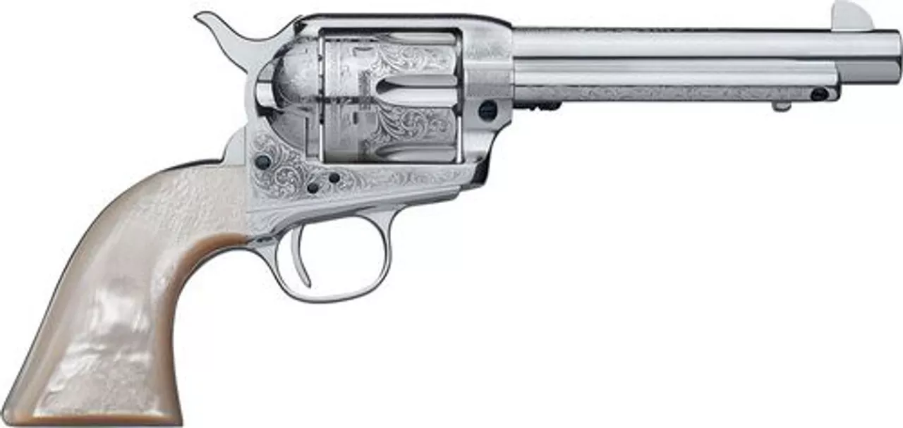 Uberti 1873 Cattleman, .45 Colt, 4.75″ Barrel, 6rd, Full Scroll Engraving, Stainless Steel