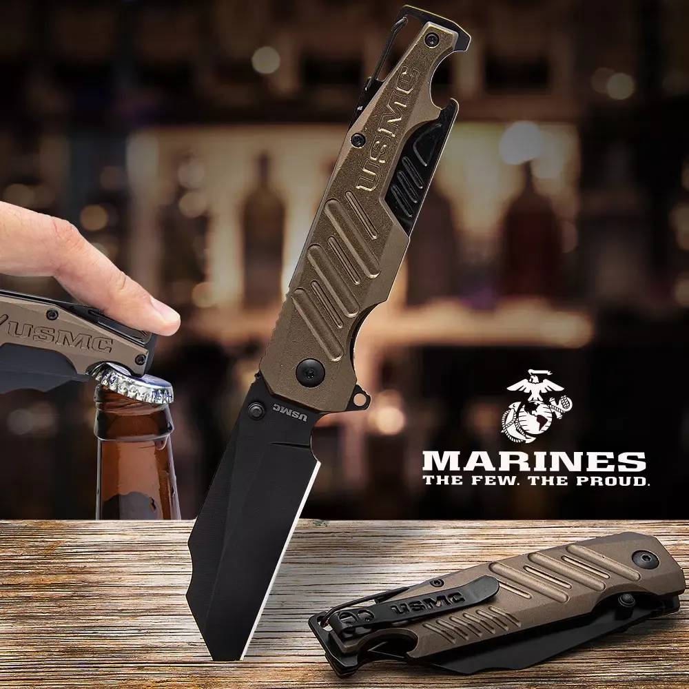 USMC BREWSKI POCKET KNIFE WITH BOTTLE OPENER – 3CR13 STAINLESS STEEL BLADE, ALUMINUM HANDLE, BOTTLE OPENER, CARABINER CLIP, SCREWDRIVER – UC3537 – Weapons Galore