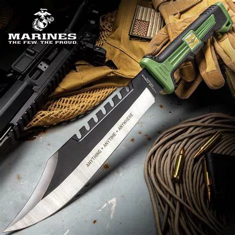 USMC Marine Force Recon Jungle Operator Bowie Knife And Sheath – Stainless Steel Blade, Sawback Serrations, Rubberized Handle – Length 15 1/2” – Weapons Galore