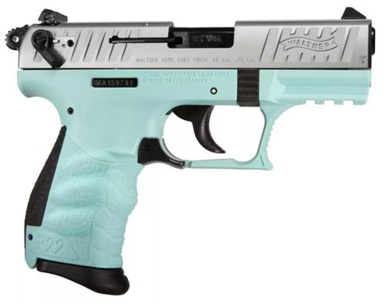 Walther P22, 22LR, 3.4″, 10rd, Angel Blue Frame, Nickel Slide