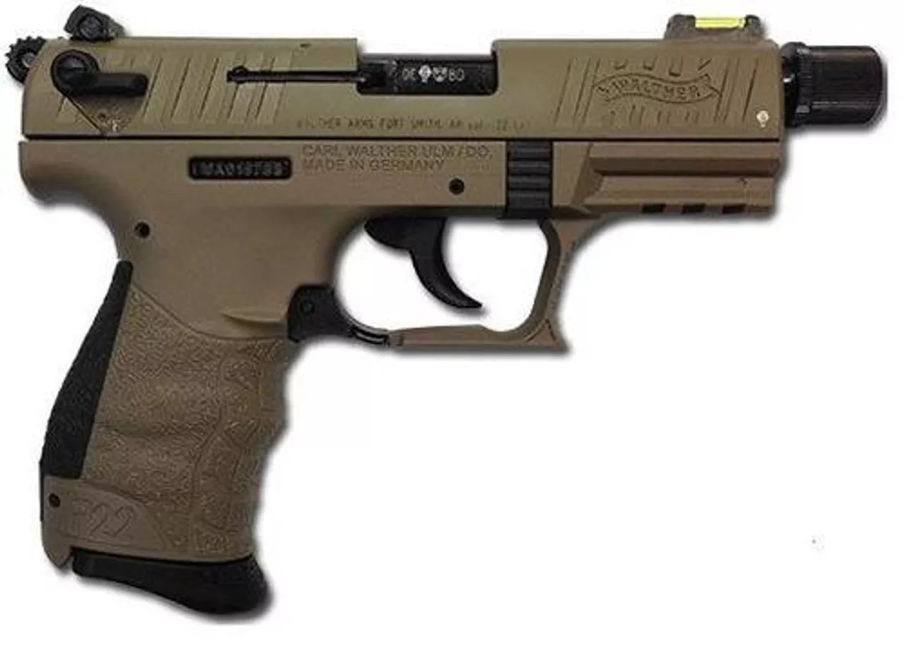 Walther P22 Semi Auto 22LR, Flat Dark Earth, Threaded Barrel, Silencer Ready, Hi Viz Sights