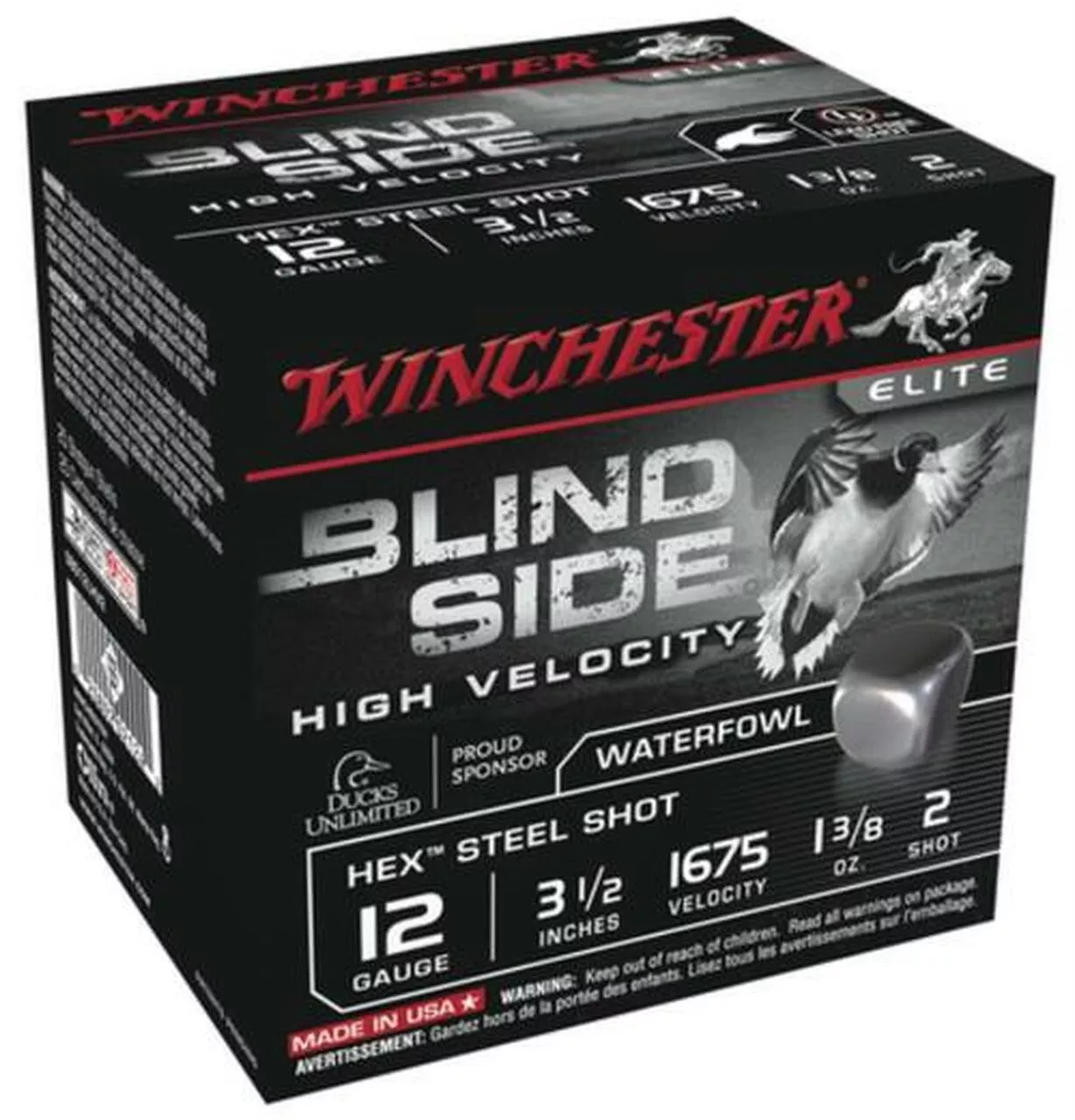 Winchester Blind Side Steel Hex High Velocity Waterfowl 12 Gauge, 3.5 Inch, 1675 FPS, 1.375 Ounce, 2 Shot, 25rd/Box