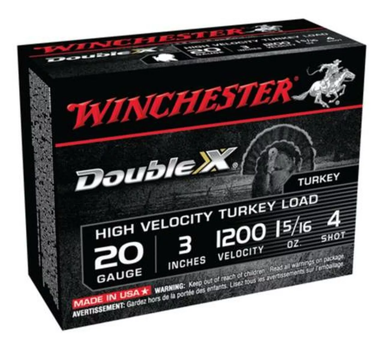 Winchester Double X High Velocity Turkey Loads, Copper Plated Buffered, 20 Gauge, 3 Inch, 1200 FPS, 1.312 Ounce, 4 Shot, 10rd/Box